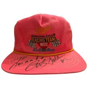 Vintage 90s MGD Racing Team Rusty Wallace Autographed Snap Back Hat Pink Nascar